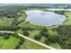 Breathtaking aerial view showcasing a tranquil lake surrounded by lush greenery and mature trees at 8945 Overlook Dr, Wesley Chapel, FL 33545