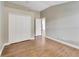 Well-lit bedroom with double-door closet and wood-look floors at 12739 Standbridge Dr, Riverview, FL 33579
