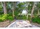 Tranquil backyard retreat with a stone pathway, lush greenery, and views of the golf course at 9 Pelican Pl, Belleair, FL 33756