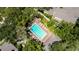Aerial view of the community pool surrounded by mature trees and lush greenery at 9 Pelican Pl, Belleair, FL 33756