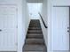 A carpeted staircase leads between two floors with a handrail and two doors at 2404 1/2 E Chelsea, Tampa, FL 33610