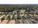 An aerial view showing the property and surrounding neighborhood with lush trees and well-manicured lawns at 3147 Calvano Dr, Land O Lakes, FL 34639