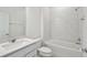 Modern bathroom with a tub and shower combination, white subway tile, and a stylish vanity at 4285 Big Sky Dr, Spring Hill, FL 34604