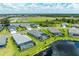 Aerial view of lakefront houses with lush landscaping and community pool at 13769 Old Creek Ct, Parrish, FL 34219
