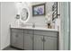 Modern bathroom with gray vanity, frameless shower, and hexagon floor tiles at 281 Villa Corte Dr, Lutz, FL 33549