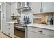 Stylish kitchen with gray cabinets, a herringbone backsplash, and a modern range at 281 Villa Corte Dr, Lutz, FL 33549