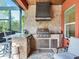 Stainless steel appliances and stone countertops highlight this outdoor kitchen at 31982 Bourneville Ter, Wesley Chapel, FL 33543