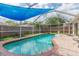 Relaxing kidney-shaped pool with brick deck, screened enclosure, and blue shade sail at 1419 Trail Boss Ln, Brandon, FL 33511