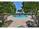 Community pool framed by lush landscaping and mature trees, with lounge chairs available at 16850 Whisper Elm St, Wimauma, FL 33598
