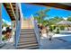 White stairs leading down to a patio with lush landscaping and pool view at 262 Banana Rd, Palm Harbor, FL 34683
