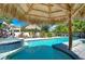 Relaxing pool and spa view from under a tiki hut at 262 Banana Rd, Palm Harbor, FL 34683