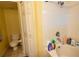 Bathroom with shower/tub combo, toilet and linen closet at 14942 Deer Meadow Dr, Lutz, FL 33559