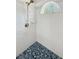 Shower featuring mosaic tile floor, sleek bronze fixtures, and frosted glass window at 26933 Carmen Pl, Lutz, FL 33559