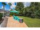 Backyard patio with blue Adirondack chairs and a fire pit, perfect for outdoor relaxation and entertainment at 180 Keystone Palms Blvd, Tarpon Springs, FL 34688