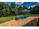 Spacious backyard patio with teal lounge chairs and umbrella at 180 Keystone Palms Blvd, Tarpon Springs, FL 34688