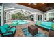Relaxing pool area with covered patio and turquoise furniture at 180 Keystone Palms Blvd, Tarpon Springs, FL 34688