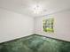 Bright bedroom with green carpet, ceiling fan, and large window at 26831 Chianina Dr, Wesley Chapel, FL 33544
