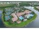 Aerial view showcases resort-style amenities including tennis courts, pool and community center by the lake at 15911 Cobble Mill Dr, Wimauma, FL 33598