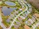 Aerial view of the neighborhood showcasing the proximity to a serene lake and lush green surroundings at 19412 Sunset Bay Dr, Land O Lakes, FL 34638