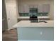 Modern kitchen with gray cabinets, quartz countertops and island at 13116 Shumard Way, Riverview, FL 33579