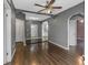Bright living room with hardwood floors and ceiling fan at 906 Jurgens St, Clearwater, FL 33755