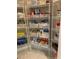 Organized walk-in pantry with floor-to-ceiling shelving and a variety of storage containers for food and household items at 16015 Cape Coral Dr, Wimauma, FL 33598
