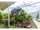 Lush, screened patio with tropical landscaping and water feature at 2746 Heathgate Way, Land O Lakes, FL 34638
