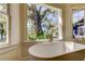 Luxurious bathroom featuring a large soaking tub and garden views at 921 Newberger Rd, Lutz, FL 33549