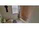 Bathroom featuring pink tile in the shower, blinds, and a toilet at 4467 Worthington Ct, Palm Harbor, FL 34685