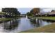 Scenic view of the pond featuring a fountain and lush green landscaping at 4467 Worthington Ct, Palm Harbor, FL 34685