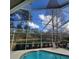 Screened-in pool with a view of the pond surrounded by mature trees and lush greenery at 4467 Worthington Ct, Palm Harbor, FL 34685