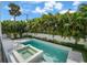Aerial view of a luxurious pool and spa surrounded by tropical landscaping, creating a private oasis at 5024 W Dickens Ave, Tampa, FL 33629