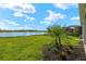 Lush backyard featuring a serene lake view, vibrant landscaping, and mature palm trees at 11720 Renaissance Blvd, Venice, FL 34293