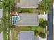 Aerial view showcases property's pool, fenced backyard, and proximity to neighboring houses at 30735 Lanesborough Cir, Wesley Chapel, FL 33543