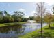 Serene pond with fountain, surrounded by lush landscaping and mature trees at 10038 Corso Milano Dr, Tampa, FL 33625