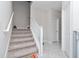 Clean carpeted staircase with white railing and neutral decor at 10038 Corso Milano Dr, Tampa, FL 33625