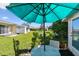 Peaceful patio with umbrella, table, and chairs at 857 Cambridge Ct, Dunedin, FL 34698