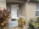 White front door with landscaping and walkway at 6812 Aramon Ct, Wesley Chapel, FL 33545