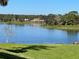 Peaceful lakefront view with a park bench and green space at 15519 Morning Dr, Lutz, FL 33559