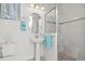 Bright bathroom featuring pedestal sink and walk-in shower at 8414 Dunham Station Dr, Tampa, FL 33647