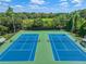 Aerial view of two pristine, well-maintained blue and green tennis courts, with a treeline in the background at 4538 Pointe O Woods Dr, Wesley Chapel, FL 33543