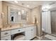 Well-lit bathroom featuring elegant vanity, modern fixtures, and a shower with a white curtain at 5825 Puerta Del Sol S Blvd # 170, St Petersburg, FL 33715