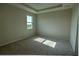 Empty bedroom featuring carpeting, tray ceiling, and a window that allows for natural light at 1027 Ocean Spray Dr, Ruskin, FL 33570