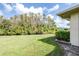 Spacious backyard featuring a lush green lawn, mature trees, and a glimpse of nearby pond at 2104 Hembury Pl # 33, Sun City Center, FL 33573