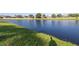 Calm lake view from a backyard, featuring lush grass and neighborhood homes at 11339 Tayport Loop, New Port Richey, FL 34654