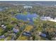 Aerial view of house near lake with lush green trees and landscape at 16122 E Lake Burrell Dr, Lutz, FL 33549