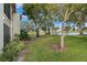 Backyard with lush landscaping and serene lake view at 165 Lakeview Way # 165, Oldsmar, FL 34677
