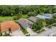 A high angle aerial view shows backyard green space and the home's location with well-maintained lawns at 27542 Sky Lake Circle, Wesley Chapel, FL 33544