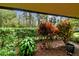 Lushly landscaped patio with verdant hedge and tranquil wooded views at 36750 Us Highway 19 N # 03127, Palm Harbor, FL 34684