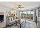 Spacious living room features a comfy couch, coffee table, and sliding doors leading to a balcony with water views at 1050 Riverside Dr # A201, Palmetto, FL 34221